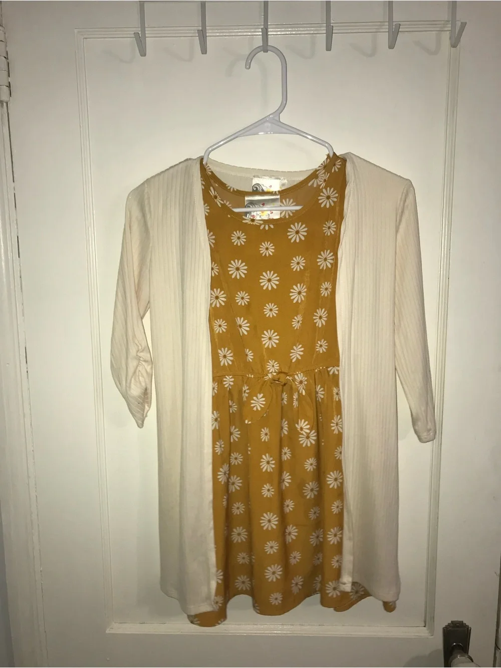 Women's Mustard Daisy Midi Dress with Cream Open Cardigan